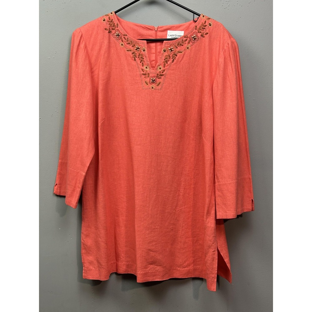 Lady Dorby Tunic Top‎ Womens 14W Coral Linen Rayon Embroidered 3/4 Sleeve Boho